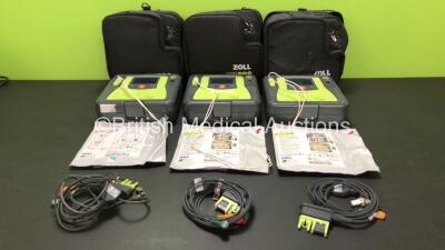 3 x Zoll AED Pro Defibrillators with 3 x Batteries, 3 x ECG Leads and 3 x Electrode Packs (All Power Up) *AA08D010127, AA10C016686 and AA11C020045*