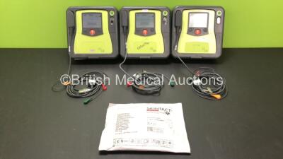 3 x Zoll AED Pro Defibrillators with 3 x Batteries, 3 x ECG Leads and 1 x Electrode Pack (All Power Up) *AA10C016808, AA10C016780 and AA10B016545*