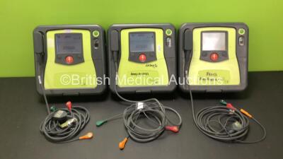 3 x Zoll AED Pro Defibrillators with 3 x Batteries and 3 x ECG Leads (All Power Up, 1 x Slight Damage to Screen - See Photos) *AA09L015583, AA11B019947 and AA06H003360*