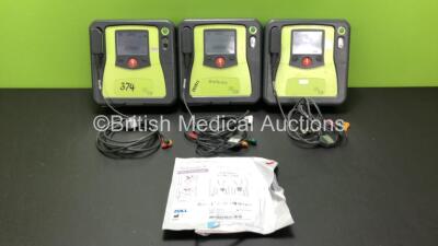 3 x Zoll AED Pro Defibrillators with 3 x Batteries, 3 x ECG Leads and 1 x Electrode Pack (All Power Up) *AA10C016870, AA10C016859 and AA11B019816*