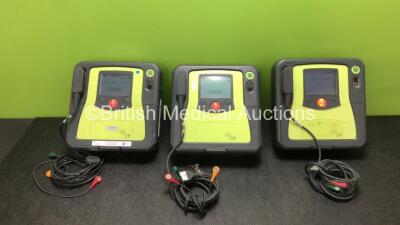 3 x Zoll AED Pro Defibrillators with 3 x Batteries and 3 x ECG Leads (All Power Up) *SN AA10C016727, AA08D010251, AA06D002406*