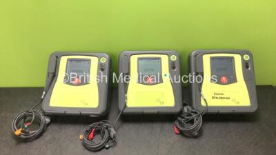 3 x Zoll AED Pro Defibrillators with 3 x Batteries and 3 x ECG Leads (All Power Up) *SN AA10L019444, AA05C000292, AA06D002433*