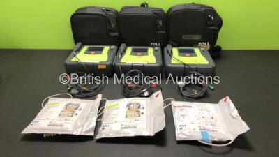 3 x Zoll AED Pro Defibrillators with 3 x Batteries, 3 x ECG Leads and 3 x Electrode Packs in Carry Cases (All Power Up) *AA07E005964, AA06C002292 and AA11C020065*