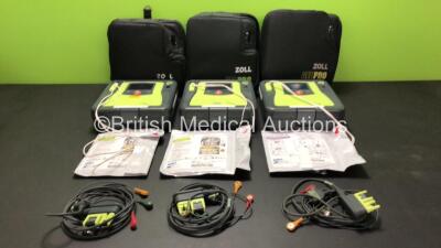 3 x Zoll AED Pro Defibrillators with 3 x Batteries, 3 x ECG Leads and 3 x Electrode Packs in Carry Cases (All Power Up, 1 x Slight Damage to Screen - See Photos) *AA07E005955, AA10C016679 and AA07D005578*