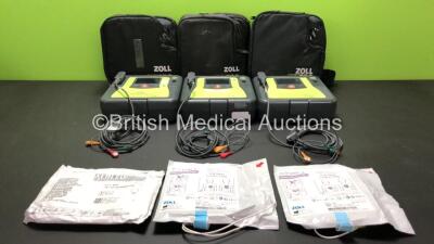 3 x Zoll AED Pro Defibrillators with 3 x Batteries, 3 x ECG Leads and 3 x Electrode Packs in Carry Cases (All Power Up) *AA11B019803, AA05A000222 and AA17J043634*