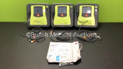 3 x Zoll AED Pro Defibrillators with 3 x Batteries, 3 x ECG Leads and 1 x Electrode Pack (All Power Up) *AA11A019505, AA10C016749 and AA10C016838*