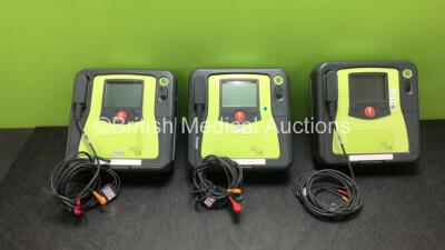 3 x Zoll AED Pro Defibrillators with 3 x Batteries and 3 x ECG Leads (All Power Up) *SN AA10C016813, AA10C016717, AA10C016726*