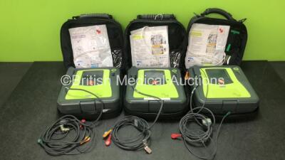 3 x Zoll AED Pro Defibrillators in Cases with 3 x Batteries, 3 x Electrode Packs and 3 x ECG Leads (All Power Up) *SN AA13C027895, AA10K019188, AA11A019578*