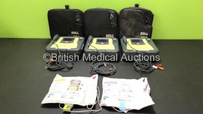 3 x Zoll AED Pro Defibrillators with 3 x Batteries, 3 x ECG Leads and 2 x Electrode Packs in Carry Cases (All Power Up) *AA06D002380, AA10B016558 and AA10J018973*