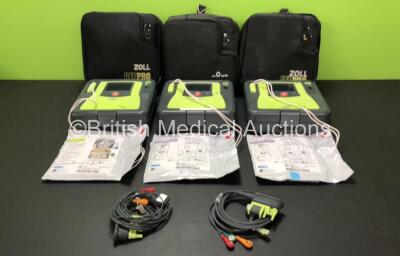 3 x Zoll AED Pro Defibrillators with 3 x Batteries, 2 x ECG Leads and 3 x Electrode Packs in Carry Cases (All Power Up) *AA14H033194, AA07B005012 and AA09C013167*