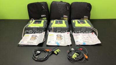 3 x Zoll AED Pro Defibrillators with 3 x Batteries, 2 x ECG Leads and 3 x Electrode Packs in Carry Cases (All Power Up) *AA10K019198, AA13C027888 and AA13C027887*