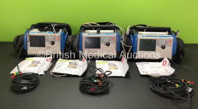 3 x Zoll M Series Biphasic 200 Joules Max Defibrillators with 2 x Flat Batteries, ECG and Printer Options, 3 x ECG Leads, 4 x Electrode Packs (All Expired) in Carry Cases (Untested Due to Flat Batteries) *T02I37956, T02I37966 and T02I37935*