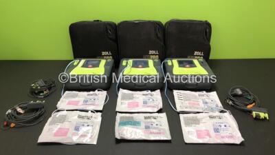 3 x Zoll AED Pro Defibrillators with 3 x Batteries, 3 x ECG Leads and 6 x Electrode Packs in Carry Cases (All Power Up, 3 x Slight Damage to Screens and 2 x Damage to Casing - See Photos)