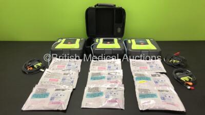 3 x Zoll AED Pro Defibrillators with 2 x Batteries, 3 x ECG Leads, 9 x Electrode Packs and 1 x Carry Case (All Power Up, 2 x Damage to Screens and 1 x Slight Damage to Casing - See Photos)