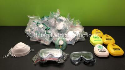 Job lot Including 34 x Pocket Sized Resuscitator Masks, 14 x Dust Masks 5 x Pocket Mask Cases and 2 x Safety Glasses