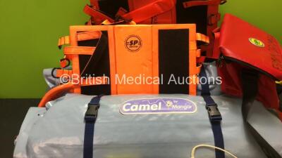 Mixed Lot Including 2 x Mangar Camel Mattresses, 2 x Smiths Medical BCI 3301 Handheld Pulse Oximeters with 1 x Lead (Both Power Up) 1 x CT-EMS Femoral Leg Traction Splint, 1 x Hartwell Medical Evac U Splint Small Mattress and Various Straps - 3