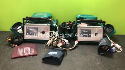 2 x Zoll E Series Defibrillator Including Bluetooth, ECG, SPO2, NIBP, C02 and Printer Options, 2 x 4 Lead ECG Leads, 1 x 6 Lead ECG Lead, 2 x NIBP Cuffs, 2 x Hoses, 1 x SPO2 Finger Sensor, 1 x Paddle Lead, 1 x Zoll Capnostat 5 Mainstream Sensor, 1 x Zoll 