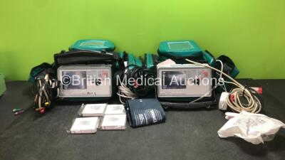 2 x Zoll E Series Defibrillator Including Bluetooth, ECG, SPO2, NIBP, C02 and Printer Options, 2 x 4 Lead ECG Leads, 2 x 6 Lead ECG Leads, 2 x NIBP Cuffs, 2 x Hoses, 2 x SPO2 Finger Sensor, 1 x Paddle Lead, 1 x Zoll Capnostat 5 Mainstream Sensor, 1 x Zoll