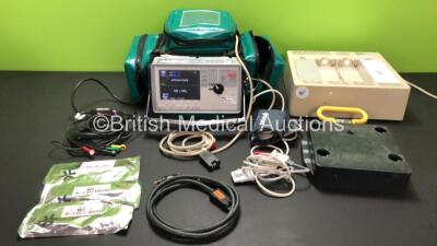 Zoll E Series Defibrillator with Bluetooth, Printer, ECG, SPO2, NIBP and C02 Options, 4 and 6 Lead ECG Leads, NIBP Cuff and Hose, SpO2 Finger Sensor, DC Power Lead, Paddle Lead, 3 x Ambu White Sensor ECG Electrode Packs (All Expired), Zoll 4x4 Autoset Bas