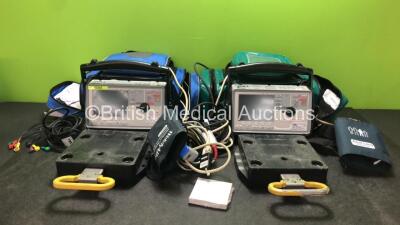 2 x Zoll E Series Defibrillator Including Bluetooth, ECG, SPO2, NIBP, C02 and Printer Options, 2 x 4 Lead ECG Leads, 2 x 6 Lead ECG Leads, 2 x NIBP Cuffs, 2 x Hoses, 1 x SPO2 Finger Sensor, 1 x Paddle Lead, 1 x Zoll Capnostat 5 Mainstream Sensor, 1 x Zoll