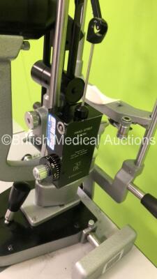 Haag Streit Bern SL900 Slit Lamp with Binoculars, 2 x 10x Eyepieces and Tonometer on Hydraulic Table (Not Power Tested Due to No Bulb - Table Missing 1 x Wheel - See Pictures) *S/N * 90037959* - 8
