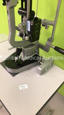 Haag Streit Bern SL900 Slit Lamp with Binoculars, 2 x 10x Eyepieces and Tonometer on Hydraulic Table (Not Power Tested Due to No Bulb - Table Missing 1 x Wheel - See Pictures) *S/N * 90037959* - 9