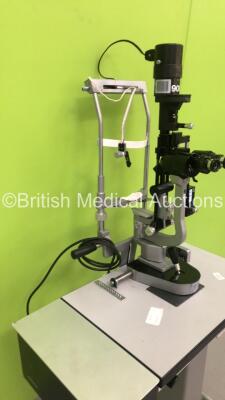 Haag Streit Bern SL900 Slit Lamp with Binoculars, 2 x 10x Eyepieces and Tonometer on Hydraulic Table (Not Power Tested Due to No Bulb - Table Missing 1 x Wheel - See Pictures) *S/N * 90037959* - 10