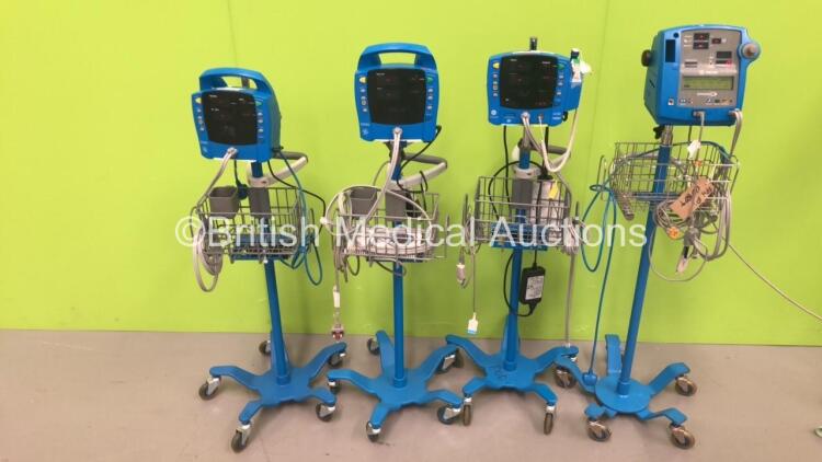 2 x GE ProCare Auscultatory Vital Signs Monitors on Stands with BP Hoses, 1 x GE Carescape V100 Vital Signs Monitor on Stand with SPO2 Finger Sensor and BP Hose and 1 x GE Dinamap Pro 400 Vital Signs Monitor on Stand with SPO2 Finger Sensor and BP Hose (A