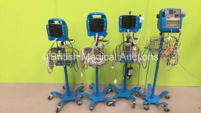 2 x GE ProCare Auscultatory Vital Signs Monitors on Stands with BP Hoses, 1 x GE Carescape V100 Vital Signs Monitor on Stand with SPO2 Finger Sensor and BP Hose and 1 x GE Dinamap Pro 400 Vital Signs Monitor on Stand with SPO2 Finger Sensor and BP Hose (A - 2