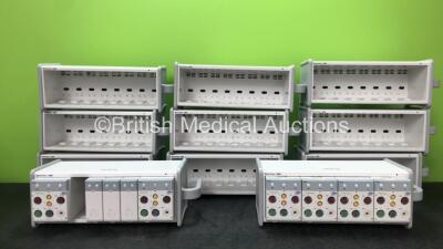 Job Lot Including 11 x Mindray Beneview SMR Module Racks with 6 x Mindray MPM Module Including ECG, IBP1, IBP2, NIBP, SpO2, T1 and T2 Options and 3 x Mindray Module Fillers