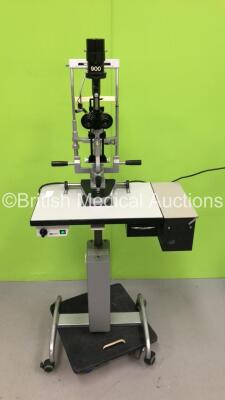 Haag Streit Bern SL 900 Slit Lamp with Binoculars and 2 x 10x Eyepieces on Hydraulic Table (Powers Up with Good Bulb - Not Secured to Table - Table Wheels Damaged - Skate Not Included)