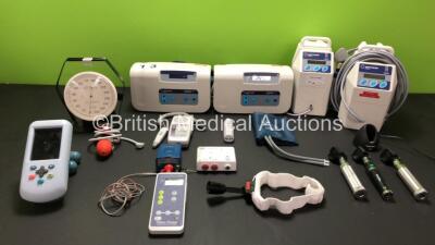 Mixed Lot Including 2 x Welch Allyn Ophthalmoscopes with 2 x Attachments, 1 x Welch Allyn Ophthalmoscope with Welch Allyn 710 Series Charger, 2 x Inditherm Alpha Plus Model MCU200 Units, 2 x Inditherm Alpha Model MECU1 Units (1 x Damaged Cable - See Photo