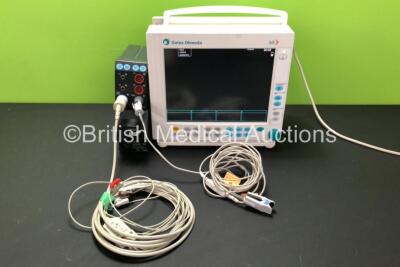GE Datex Ohmeda Type F-CM1-04 Patient Monitor and M-ESTPR-04 Gas Module Including ECG, SpO2,T1, T2, P1 and P2 Options with D-Fend Water Trap (Powers Up, Slight Damage to Casing and Damaged SpO2 Cable - See Photos)
