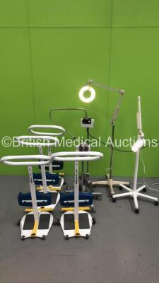 4 x LocoMotor Loca-311 Rota-Solo Stands, 1 x Blood Pressure Meter on Stand with Hose and Cuff, 1 x Welch Allyn Patient Examination Lamp on Stand (Powers Up with Good Bulb) and 2 x Luxo Patient Examination Lamps on Stands (Both Power Up with Good Bulbs) *S