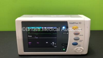 Philips IntelliVue X2 Handheld Patient Monitor S/W Rev F.01.43 Including Press,Temp, NBP, SpO2 and ECG/Resp Options with 1 x Flat Battery (Powers Up with Stock Battery)