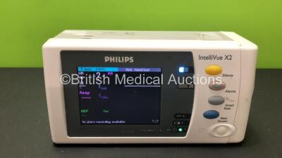 Philips IntelliVue X2 Handheld Patient Monitor S/W Rev F.01.43 Including Press,Temp, NBP, SpO2 and ECG/Resp Options with 1 x Flat Battery (Powers Up with Stock Battery, Damage to Casing - See Photos)