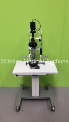 Haag Streit BQ 900 Slit Lamp with Binoculars, 2 x 12,5x Eyepieces and Haag Streit AT 900 Tonometer on Hydraulic Table (Unable to Power Test Due to No Bulb - Missing Roller Covers - See Pictures) *S/N 08814* **Mfd 2005**