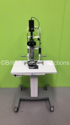 Haag Streit BQ 900 Slit Lamp with Binoculars, 2 x 12,5x Eyepieces and Haag Streit AT 900 Tonometer on Hydraulic Table (Unable to Power Test Due to No Bulb - Missing Roller Covers - See Pictures) *S/N 08814* **Mfd 2005** - 2