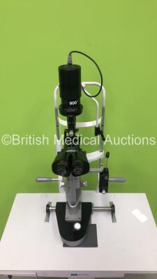 Haag Streit BQ 900 Slit Lamp with Binoculars, 2 x 12,5x Eyepieces and Haag Streit AT 900 Tonometer on Hydraulic Table (Unable to Power Test Due to No Bulb - Missing Roller Covers - See Pictures) *S/N 08814* **Mfd 2005** - 3
