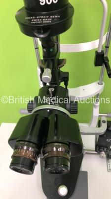 Haag Streit BQ 900 Slit Lamp with Binoculars, 2 x 12,5x Eyepieces and Haag Streit AT 900 Tonometer on Hydraulic Table (Unable to Power Test Due to No Bulb - Missing Roller Covers - See Pictures) *S/N 08814* **Mfd 2005** - 5