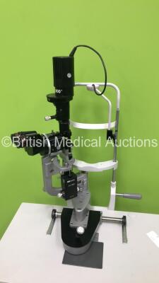 Haag Streit BQ 900 Slit Lamp with Binoculars, 2 x 12,5x Eyepieces and Haag Streit AT 900 Tonometer on Hydraulic Table (Unable to Power Test Due to No Bulb - Missing Roller Covers - See Pictures) *S/N 08814* **Mfd 2005** - 7