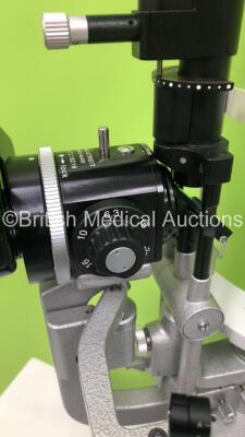 Haag Streit BQ 900 Slit Lamp with Binoculars, 2 x 12,5x Eyepieces and Haag Streit AT 900 Tonometer on Hydraulic Table (Unable to Power Test Due to No Bulb - Missing Roller Covers - See Pictures) *S/N 08814* **Mfd 2005** - 9