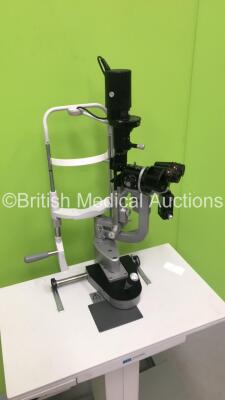 Haag Streit BQ 900 Slit Lamp with Binoculars, 2 x 12,5x Eyepieces and Haag Streit AT 900 Tonometer on Hydraulic Table (Unable to Power Test Due to No Bulb - Missing Roller Covers - See Pictures) *S/N 08814* **Mfd 2005** - 11