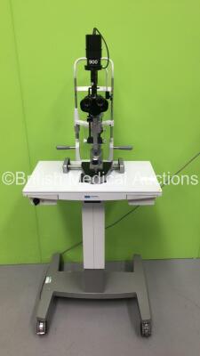 Haag Streit BQ 900 Slit Lamp with Binoculars, 2 x 12,5x Eyepieces and Haag Streit AT 900 Tonometer on Hydraulic Table (Powers Up with Good Bulb) *S/N 08818* **Mfd 2005**