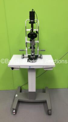 Haag Streit BQ 900 Slit Lamp with Binoculars, 2 x 12,5x Eyepieces and Haag Streit AT 900 Tonometer on Hydraulic Table (Powers Up with Good Bulb) *S/N 08818* **Mfd 2005** - 2