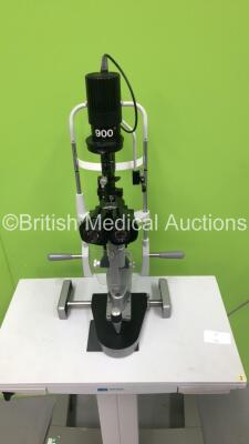 Haag Streit BQ 900 Slit Lamp with Binoculars, 2 x 12,5x Eyepieces and Haag Streit AT 900 Tonometer on Hydraulic Table (Powers Up with Good Bulb) *S/N 08818* **Mfd 2005** - 3