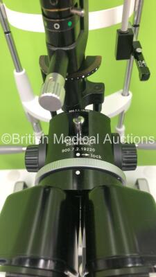 Haag Streit BQ 900 Slit Lamp with Binoculars, 2 x 12,5x Eyepieces and Haag Streit AT 900 Tonometer on Hydraulic Table (Powers Up with Good Bulb) *S/N 08818* **Mfd 2005** - 6