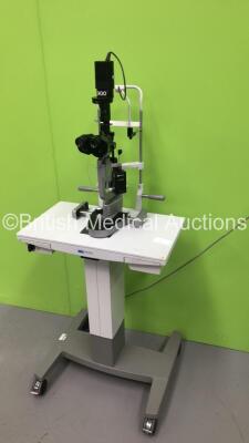 Haag Streit BQ 900 Slit Lamp with Binoculars, 2 x 12,5x Eyepieces and Haag Streit AT 900 Tonometer on Hydraulic Table (Powers Up with Good Bulb) *S/N 08818* **Mfd 2005** - 11