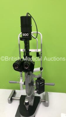 Haag Streit BQ 900 Slit Lamp with Binoculars, 2 x 12,5x Eyepieces and Haag Streit AT 900 Tonometer on Hydraulic Table (Powers Up with Good Bulb) *S/N 08818* **Mfd 2005** - 12