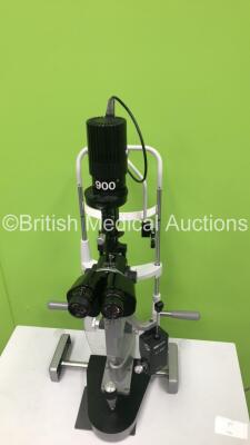Haag Streit BQ 900 Slit Lamp with Binoculars, 2 x 12,5x Eyepieces and Haag Streit AT 900 Tonometer on Hydraulic Table (Powers Up with Good Bulb) *S/N 08818* **Mfd 2005** - 13
